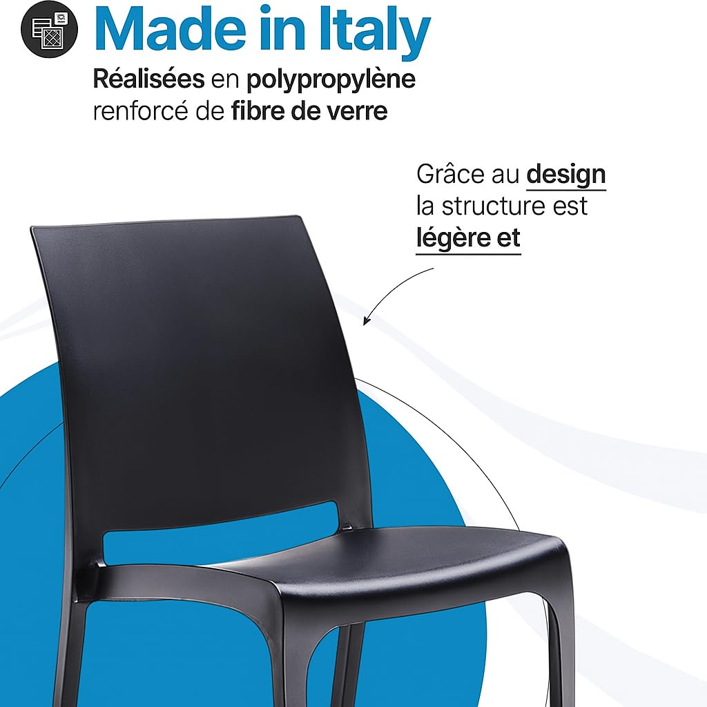 Tomaino - Chaise de cuisine en plastique - Lot de 6 chaises empilables en plastique avec accoudoirs pour l'extérieur et l'intérieur - Chaises pour jardin, salon, balcon ou bar - Noir