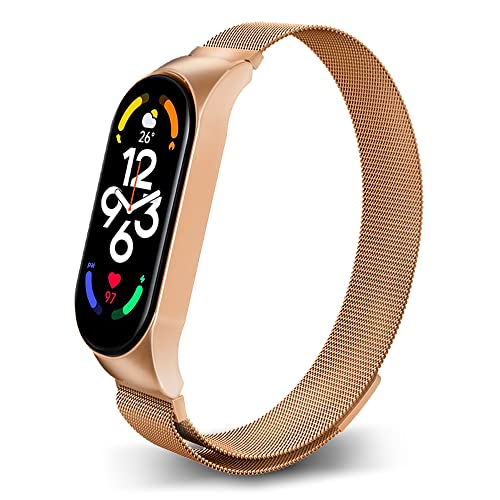 PaceBid Bracelet Compatible avec Xiaomi Mi Band 7, Montre en Acier Inoxydable tissé en Maille Ajustable Magnétique de Montre pour Xiaomi Mi Band 7 -Rose Gold Cover