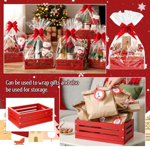 Image of Wonderjune Wooden Baskets for Back to School Gifts Empty Wood Basket with Cellophane Bag Ribbon Greeting Card for Birthday Baby Shower Wedding Housewarming Gifts Packaging(Red,Small)