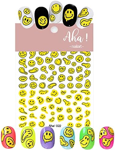 Publi Graffiti Fun Nail Art Stickers Abstract Smiling Face Nail Decals 3D Self-Adhesive Fashion Trend Charm Yellow Twisted Smiling Face Nail Design Nail DIY Decoration for Women Girls Kids 1Pcs