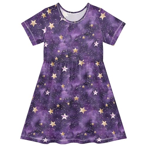 JUNZAN Glitter Gothic Stars on Purple Girls Summer Dress Short Sleeve Dressy Dresses for Toddler Girls Easter Outfit 2T