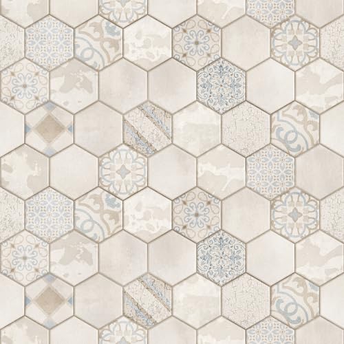 Livelynine Kitchen Backsplash Wallpaper Peel and Stick Waterproof Removable Tile Contact Paper Cottage Core Farmhouse Wallpaper for Bathroom Walls Blue Off White Cream Beige Tan Hexagon 17.5x78.8