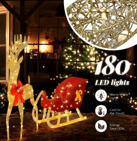 VINGLI Lighted Christmas Reindeer and Sleigh Outdoor Decorations, Weather Proof 4ft Santa's Sleigh Reindeer Christmas Ornament Indoor Home Decor Pre-lit 180 LED Lights with Stakes, Zip Ties Secured