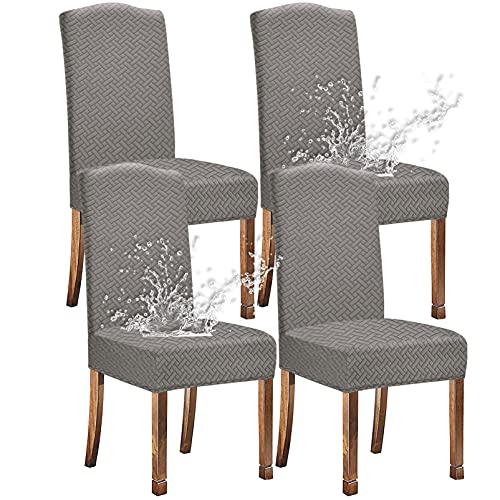 KELUINA Stretch Water-Repellent Twill Jacquard Dining Room Chair Covers Home Decor,Chair Covers for Dining Room Chairs Restaurant Hotel Ceremony (Light Gray,4 Pieces)