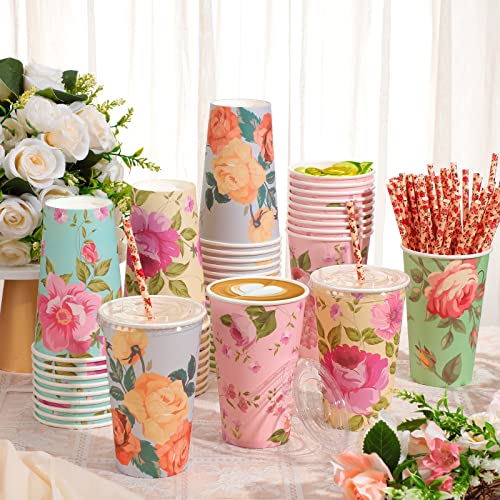 150 Pieces Vintage Floral Cups With Lids And Paper Straws 16Oz Disposable Iced Coffee Paper Cup Paper Cold Teacups For Baby Shower Bridal Wedding Spring Cold Beverages Drinks Juices #TOP3