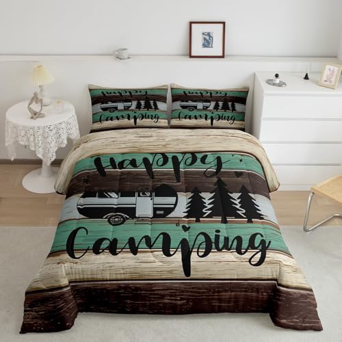 Camping Rustic Comforter Set King Size 3 Pcs Wild Trees Cartoon RV Decor Comforter for Kids Teens Adults Retro Green Brown Stripes Western Style Bedding Set with 2 Pillowcases+1 Comforter