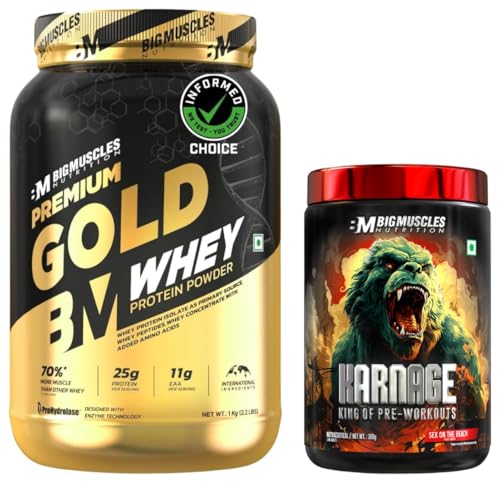 Image of Bigmuscles Nutrition Premium Gold Whey 1Kilogram[Belgian Chocolate] + Karnage Pre-Workout 300 Gm, 1 Scoop