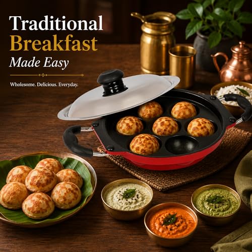 Image of Nonstick Paniyaram Pan 7 Pit with Lid | Appam Maker /Appe Pan for Gas Stove & Induction | Kuzhi Paniyaram, Paddu, Gunta Ponganalu Pan.