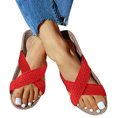 Womens Sandals, Women's Cross Straw Sandals Summer Casual Outdoor Sandals Beach Slippers Non-Slip Comfortable Lightweight Flat Sandals4