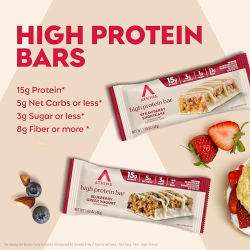 Image of Atkins Blueberry Greek Yogurt & Strawberry Shortcake High Protein Bar, High Fiber, Keto Friendly, 12 Count (6 Bars Each Flavor)