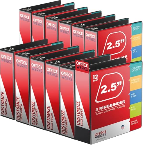 12 Pack of 2.5 Inch 3 Ring Binder with Locking Angle D Rings Professional Heavy Duty Large Storage Binder with Pockets Fits 8.5 x 11 Inch Sheets Non-Stick Clear View Cover Customizable Black