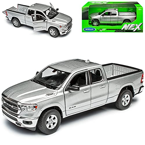 Welly Dodge Ram 1500 Pick-Up Doppelkabine Dunkel Silber 5. Generation Ab 2019 1/27 1/24 Modell Auto mit individiuellem Wunschkennzeichen