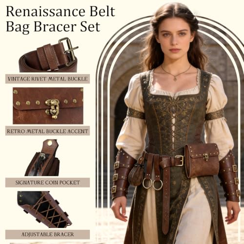 Image of Renaissance Belt Pouch Medieval Viking Leather Bracers Set for LARP