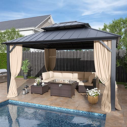 Kullavik 12 x 14 Hardtop Gazebo Outdoor Galvanized Steel Metal Double Roof Gazebo with Curtains and Netting for Patios Gardens Lawns Sand