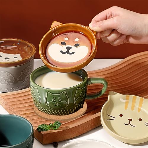 Süß Keramik Lustige Tassen mit Deckel, Hund Tier Kaffee Teetassen Set, Personalisiert Kaffeetassen Geschenk für Weihnachtstag, Frauen, Mädchen, Freundin, Katzenliebhaber, Kinder, Geburtstagsgeschenk