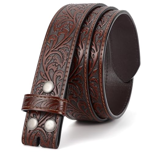 SANSTHS Western Leather Belt Strap for Men Cowboy Belts without Buckle Cowgirl Western Strap Belt for Jeans Christmas Belts Coffee/Leaf
