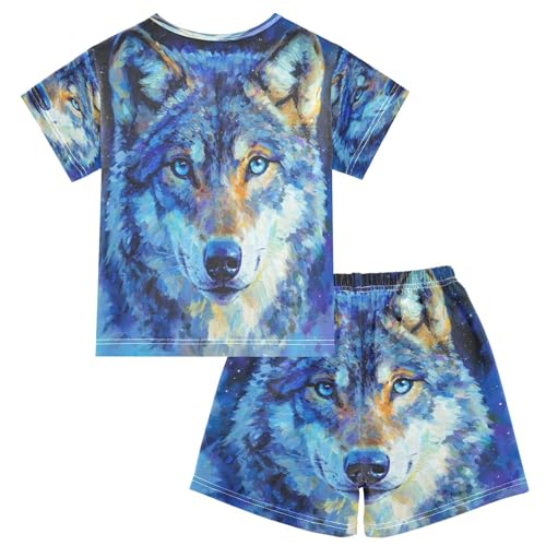 ALAZA Wolf Watercolor Blue Pajamas Set Short Sleeve Cotton Sleepwear Summer Pjs 2 Piece 5-14Y2