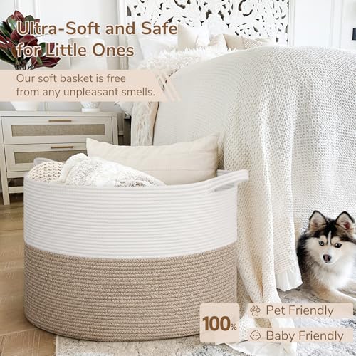 Image of INDRESSME 115L Extra Large Blanket Basket, Soft Cotton Rope Storage Baskets for Organizing Living Room Decor Toy Storage for Kids,Decorative Woven Basket for Laundry & Towels, Light Brown