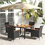 Tangkula 5 Pieces Patio Dining Table Set for 4, Rattan Conversation Set with Umbrella Hole, Seat Cushions & Acacia Wood Tabletop, Outdoor Dining Table with 4 Chairs for Backyard, Poolside & Deck - Image 2