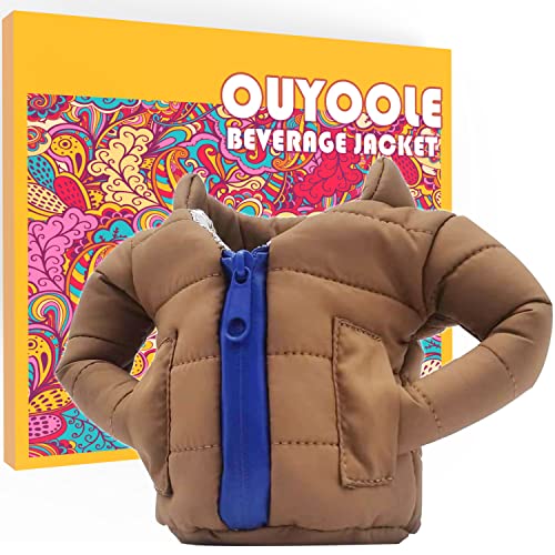 OUYOOLE Beer Can Cooler Jacket, Can Cooler Insulated Vest Jacket Cover, Beer Gifts for Men Women Beer Lovers,Beverage Jacket Drink Coolies(Brown