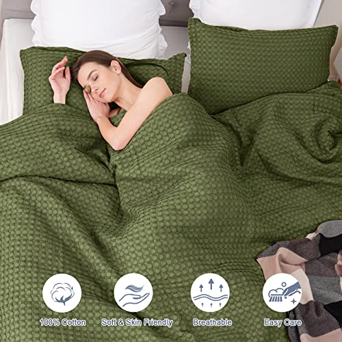 Phf 100% Cotton Waffle Duvet Cover Queen, Ultra Soft Skin-Friendly Duvet Cover Set For All Season, Luxury Decorative Textured Comforter Cover With Pillow Shams Bedding Collection, 90"X90", Olive Green #TOP1