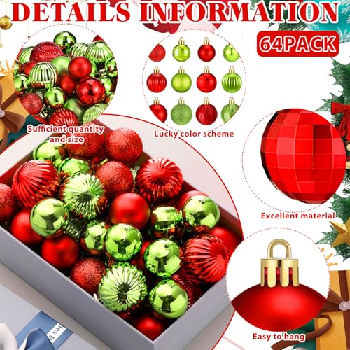 Image of Lunmon 64 Pcs Lime Green and Red Christmas Ball Ornament Green Xmas Bulbs
