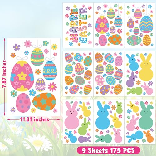 Image of 9 Sheets Easter Window Clings, 152PCS Double Sided Easter Party Clings for Glass Windows with Bunny Egg Flower, Reusable Happy Eggs Bunny Window Decals Stickers for Home Office Decorations