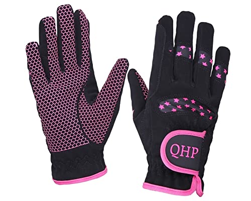 qhp Niños Guantes de equitación Multi Star con silicona y estrellas, color negro / fucsia, tamaño Junior 2