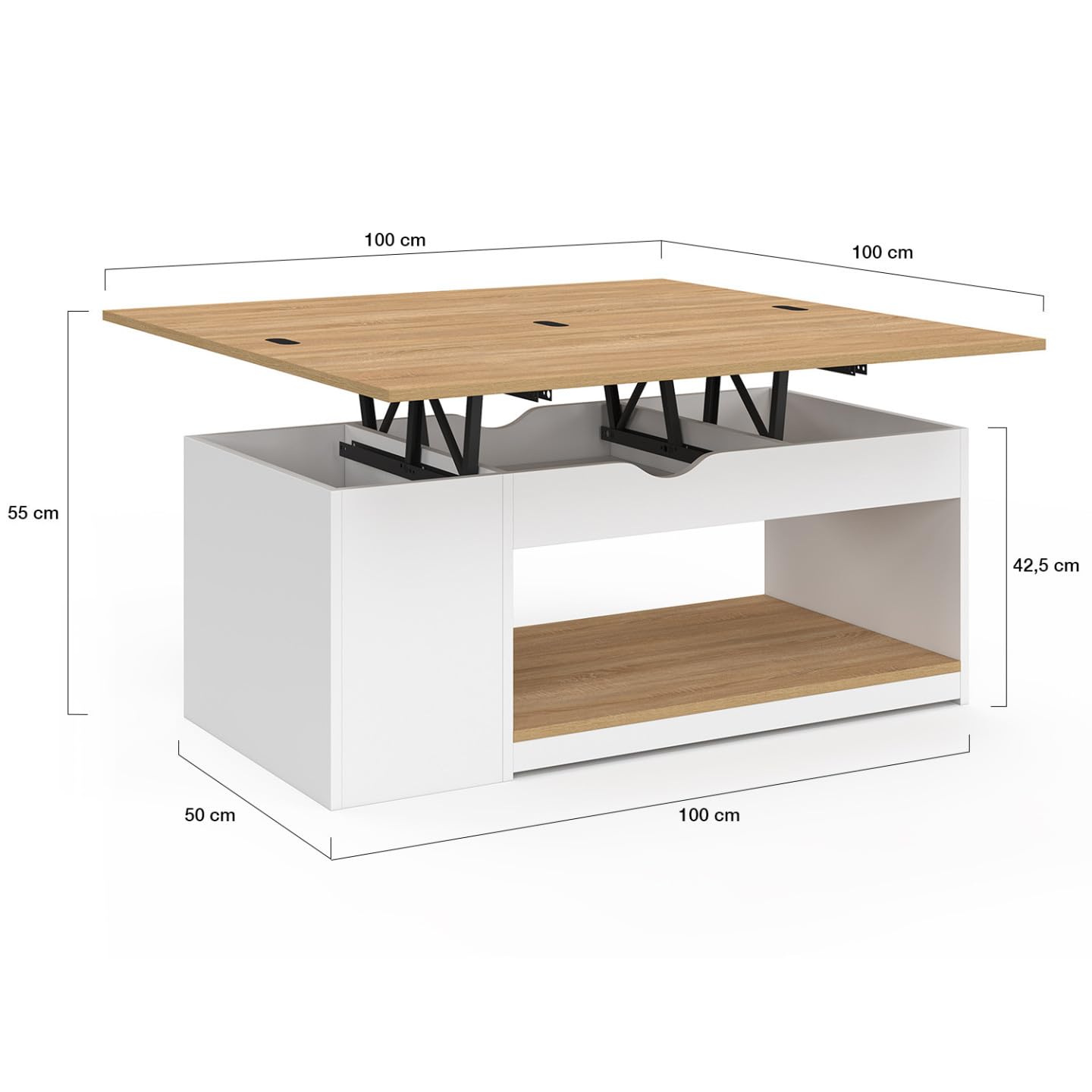 IDMarket – Mesa de centro elevable rectangular Convertible en mesa de comedor ELEA 100 cm, madera blanca y haya
