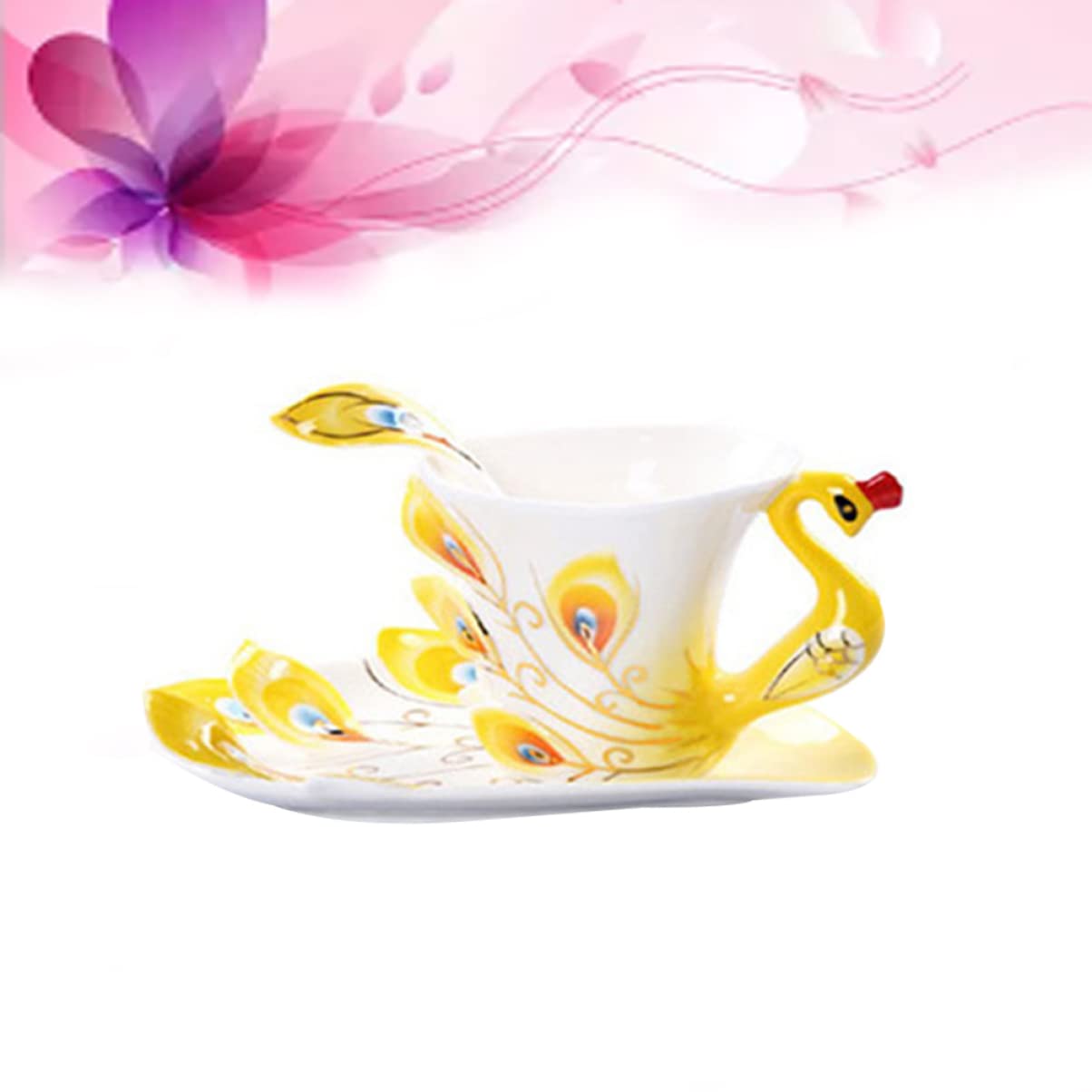 HEMOTON Set Tazzine da Caffè in Porcellana Giallo Piattino e Cucchiaio Design Ergonomico per Colazione o Tè Pomeridiano
