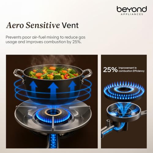 Image of Beyond Appliances Quantum 3 Burner | Gas Saver Stove | 5 Star Energy Rated |10 Year Warranty | 77% Energy Efficient| Full Brass burners | LPG & PNG | ISI & LERC Certified