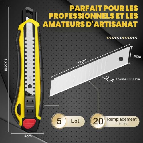 DIYLAND 5 Cutters Professionnels Avec Système Auto-Lock, 20 Lames Supplémentaires En Acier Au Carbone, Cutter Lame Sécable, Poignée En Caoutchouc Pour Couper Le Papier, Le Carton – vue 4