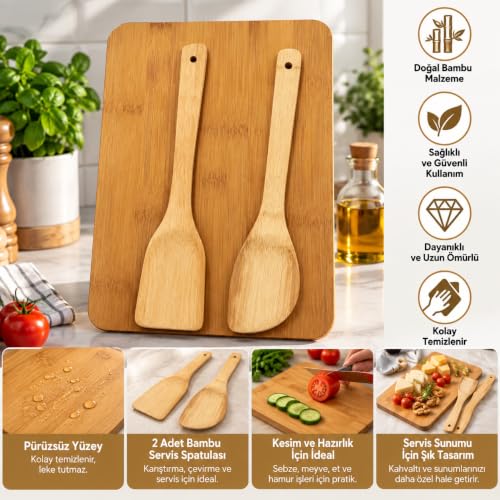 Bambu Kesme ve Servis Tahtası Seti, 2 Adet Bambu Spatula ile, Doğal Bambu Mutfak Gereçleri, Sebze ve Meyve Hazırlama, Karıştırma ve Servis için, Ahşap Görünümlü Mutfak Seti