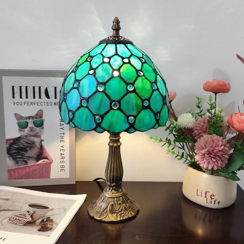 Image of Small Tiffany Table Lamp 8 Inch Tiffany Style Desk Lamp Stained Glass Antique Light Bedroom Bedside Lamp Retro Reading Lamps (Green Pearls Style)
