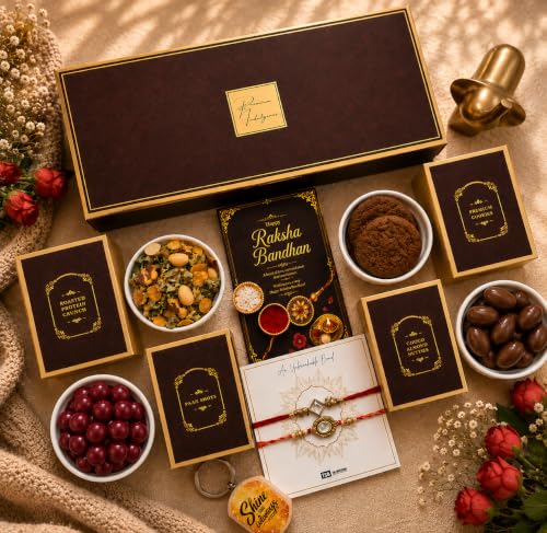 Image of NutriSnacsBox Luxury Rakhi Brown Hamper for Brother | Premium Cookies, Paan Shots, Protein Crunch & Choco Almond Nutties | 2 Decorative Bhaiya Rakhis, Wooden Keychain, Roli Chawal & Greeting Card | Festive Gift Box