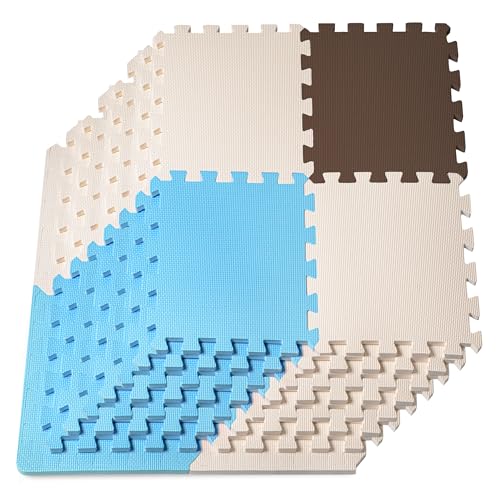 Image of ProSource Baby Play Mat, Soft Foam Floor Tiles for Kids, Interlocking EVA Panels for Playpen Use, Crawling Development Surface, Safe Non-Toxic Toddler Flooring, 32 Tiles, Blue /Brown /Beige