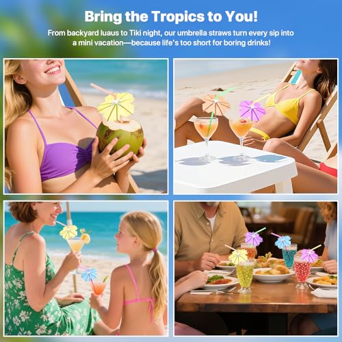 WELLFAR Fun Umbrella Drink Straws, Tropical Cocktail Straws with Mini Umbrella, Tiki & Hawaiian Party Decorations, Colorful Parasol Straw for Margarita, Pina Colada, Mojito, Summer Beverages. 50 PCS