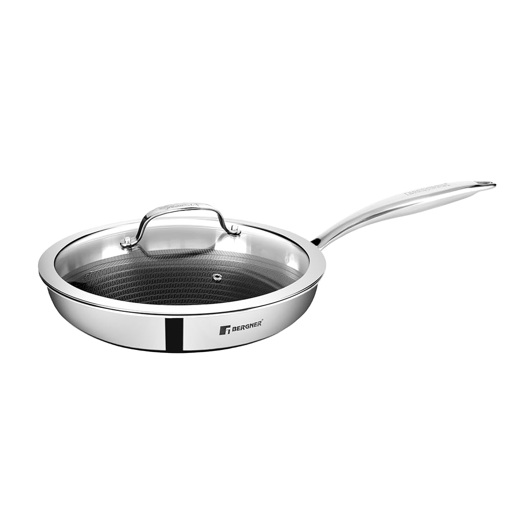 Bergner Hi-Tech TriPly Stainless Steel 20cm Frypan with Glass Lid, Honeycomb Non-Stick Coating, Non-Toxic, Healthy Cooking, Less Oil Use, Durable Handle with Excellent Grip - Induction and Gas Ready
