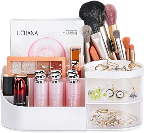 Make up Organizer mit Schubladen, LAIBUY Kosmetik Organizer für Schminktisch Badezimmer für Pinsel, Lidschatten, Lotionen, Lippenstift, Nagellack und Schmuck (Weiß) Cover