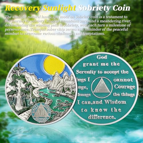Image of Sunlight 7 Year Sobriety Coin - Recovery Seven Year AA Coins - Serenity Prayer NA AA Chips and Medallions - 1-65 Prime Living Clean Sober Token - Narcotics Alcoholics Anonymous Gifts for Men Women