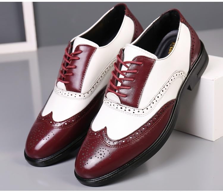 Non Slip Dress Shoes for Mens Formal Shoes for Men Lace Up Brogue Embossed Wing tip Two Tone Leather Oxford Shoes Low Top Resistant Non Slip Block Heel Prom3