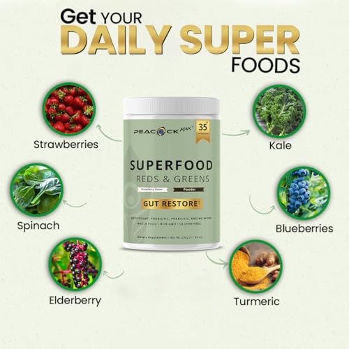 Image of Superfood Reds & Greens Powder - 11.64 oz, Prebiotics & Probiotics for Digestive Health, Super Greens Powder with Ashwagandha for Gut Health, Immunity, Antioxidants, Strawberry Flavor, Vegan, Non-GMO