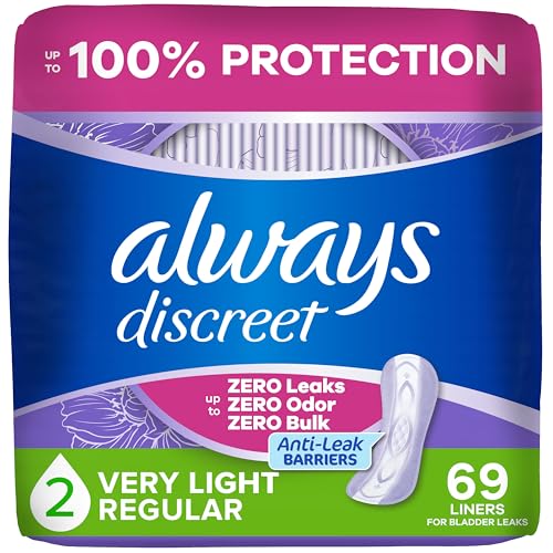 Image of Always Discreet Incontinence Panty Liners for Women with Bladder Leaks, Size 2, Very Light Absorbency, Up to 100% Bladder Leak Protection 69 CT