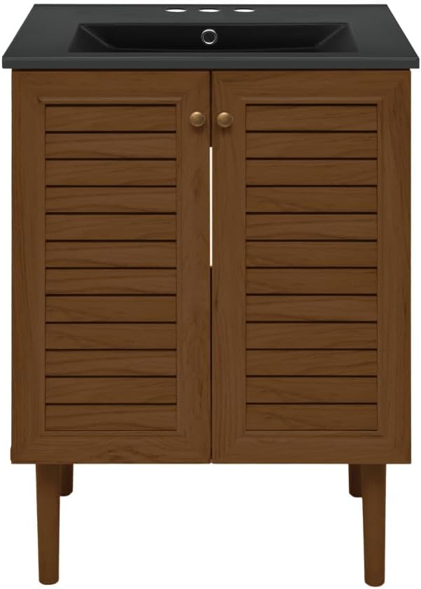 Swiss Madison Bron 24" Freestanding Bathroom Vanity in Brown Oak with Black 3-Hole Centerset Sink Top