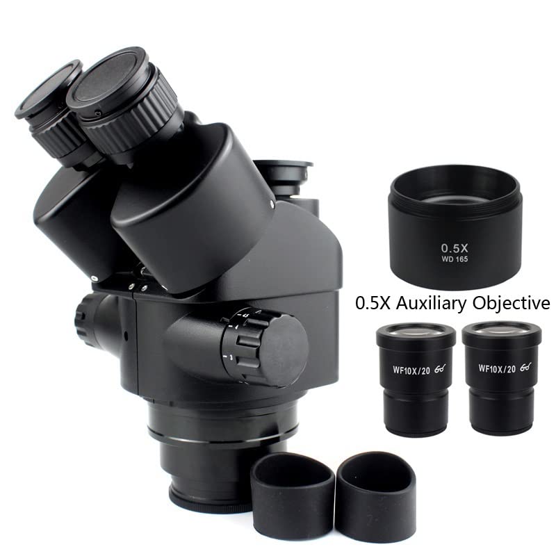 Microscope 7X-45X 3.5X-90X Simul-Focal Trinocular Microscope, 0.5X 2.0X 0.7X 1.5X 0.75x Auxiliary Objective Lens, Zoom Stereo Microscope Head(Wiht 0.5X 165mm)