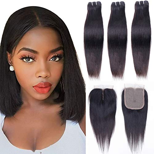 10a Brazilian Hair Bundles with Closure 4x4x0.75 Straight Human Hair Bundles with Closure T Part (10 12 14+8) 3 Pcs Weave Hair Human Bundles with Closure 70g/Bundle Short Bob Human Hair