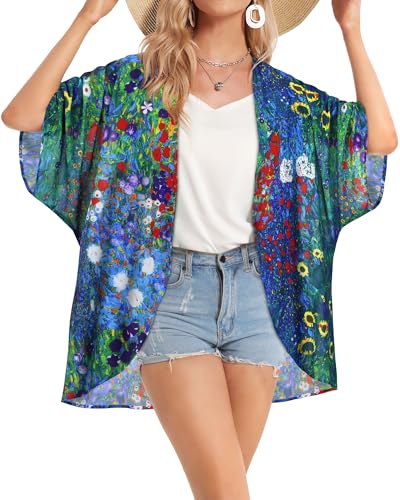 Image of Women's Floral Print Puff Sleeve Kimono Cardigan Loose Cover Up Casual Blouse Tops 2026