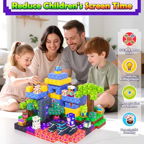 Image of 150PCS 0.8 inch Magnetic Building Blocks Creative Fun for Boys Girls Ages 3+ | Mine Magnet World Craft, STEM Toy for Kids Age 3-5 5-7 8-12, Sensory Learning Toys Birthday Gift for 3+ Year Old Boys Girls