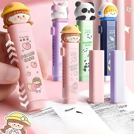 KALRA MAGIC® Cute Cartoon Girl Theme Eraser Pack of 2 | Rectangular Kawaii Rubber Erasers for Kids | Smooth Erasing Stationery for School & Office (Purple-Pink) 4