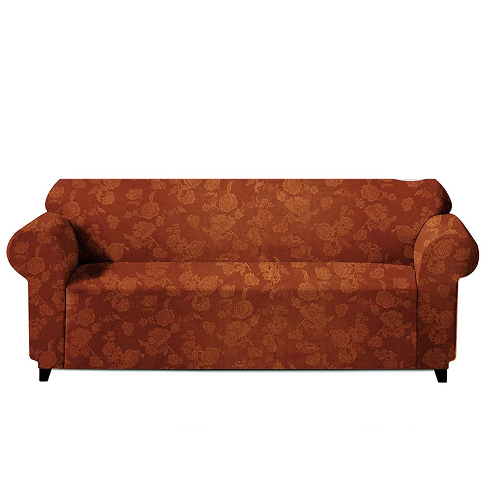 Housse canape extensible en velours relief floral pour salon 2 places marron